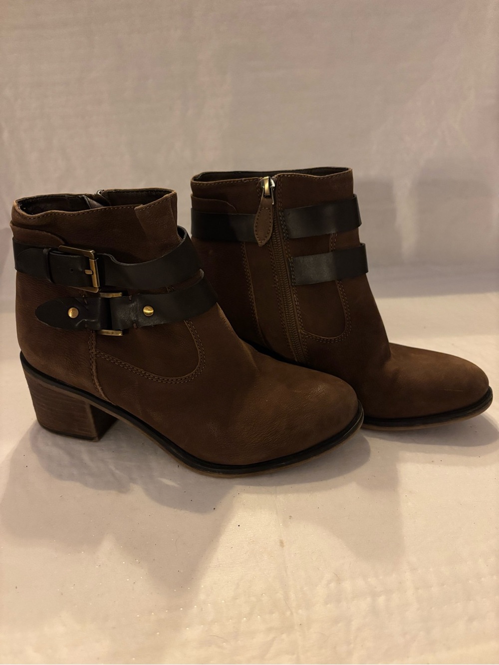 Franco Sarto Brown Ankle Boots with Black Strap Accents